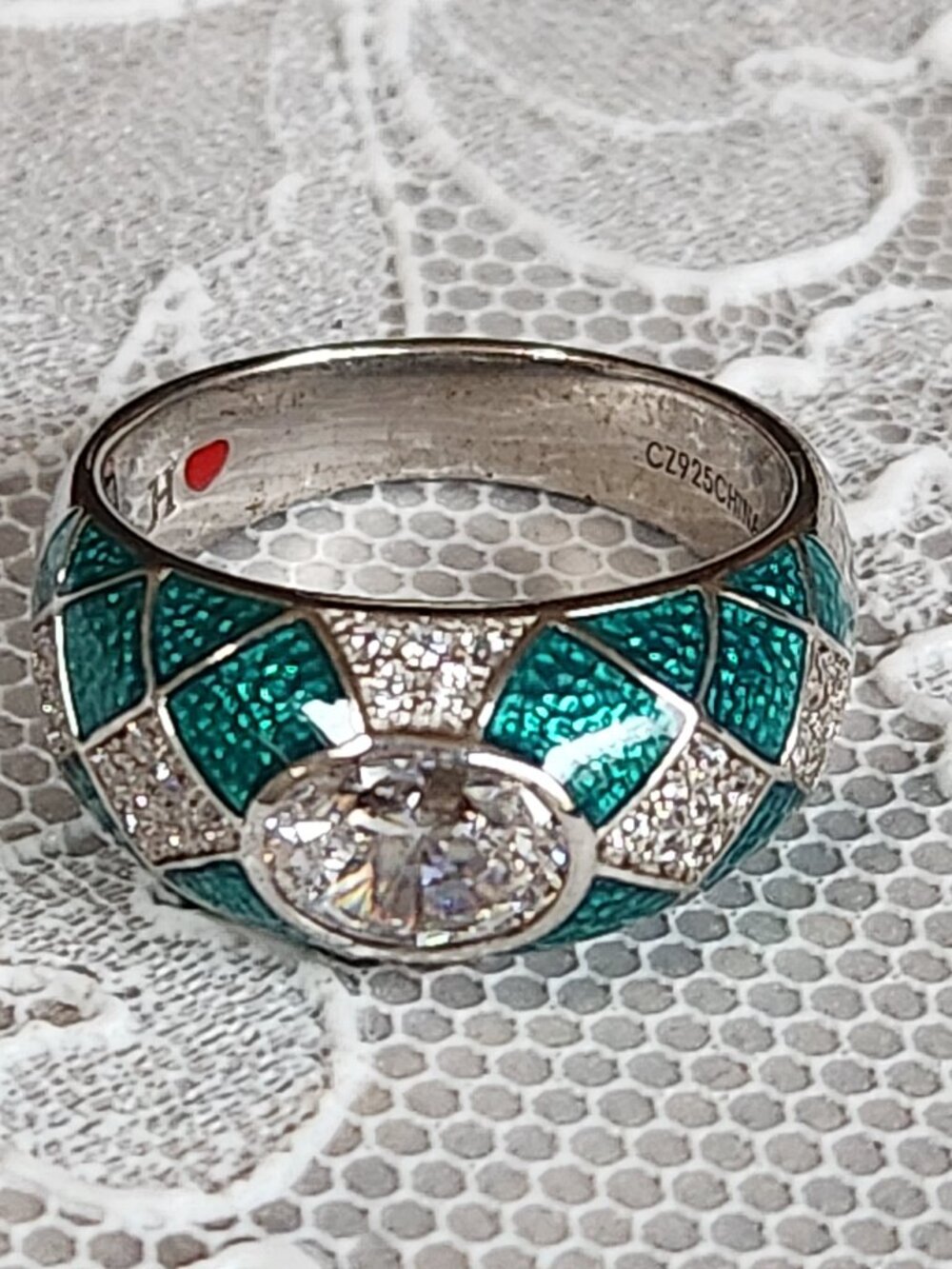 Hidalgo Diamonique Oval Cut CZ Green Enamel Ring 925 Size 9 - geometric pattern! - Picture 3 of 14